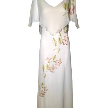 1970s Ivory Chiffon Gown with Hand Painted Florals and Flutter Sleeves