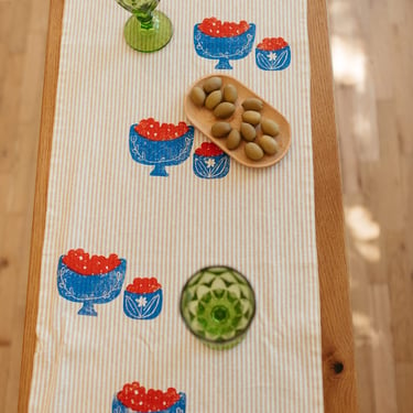 hand block printed table runner. berry bowl on stripe. boho decor. hostess or housewarming gift. cherry tomatoes berry bowl. 