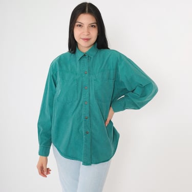 Vintage Teal Green Utility Shirt 90s Button Up Blouse Long Sleeve Collared Shirt Plain Chest Pocket Casual 1990s Women's Medium M 