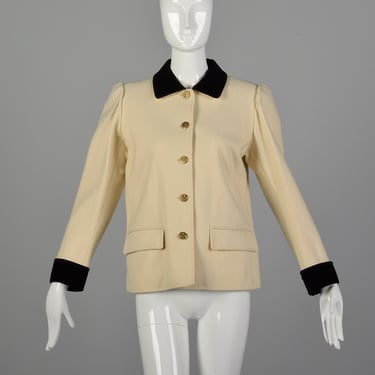 Medium Yves Saint Laurent Rive Gauche Jacket 1970s Black Cream Wool Blazer Black Corduroy Collar 