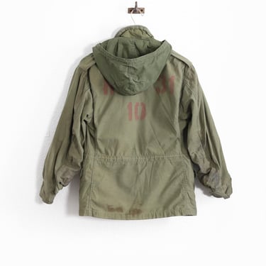 Vietnam Era M 65 Military issue stenciled US green hooded jacket 