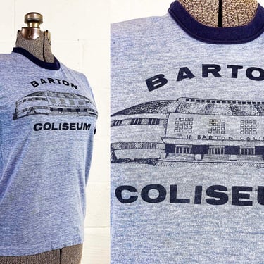Vintage Barton Coliseum Tshirt Blue Little Rock Arkansas Ringer Tee T-Shirt Shirt Short Sleeve Souvenir Single Stitch Hanes 1970s Small XS 