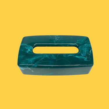 Vintage Tissue Box Retro 1990s Contemporary + Emerald Green + Marbled Plastic + Rectangular + Bathroom Accessory + Home + Table Decor 