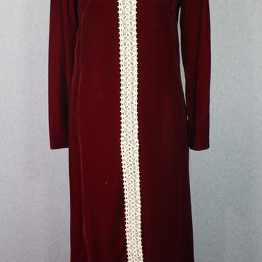 1960s- Red Velvet- Lace Maxi || Mock Neck || Prairie Style || Evening Gown 
