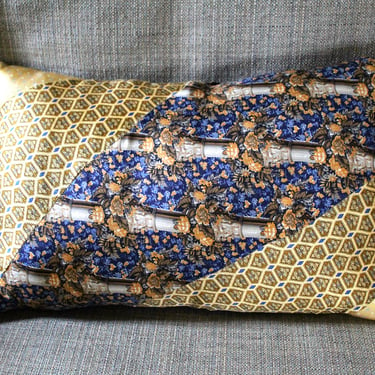 One of a Kind Necktie Pillow | Golden Floral #350 |  Gold & Blue 15"x10" Pillow Made from Up-Cycled Silk Ties - Includes Pillow Filling 