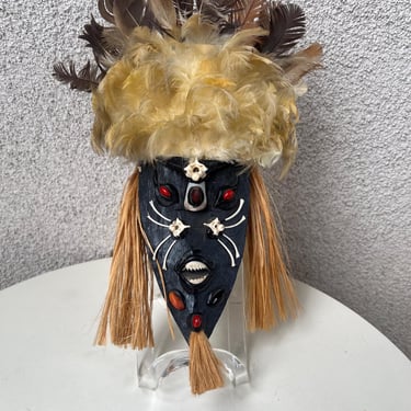 Vintage Brazilian Tribal Mask on wood Piranha Teeth Shells feathers Bones 11” 