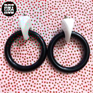 Large Deadstock Vintage 80s 90s Black & White Hoop Clip-On Earrings 