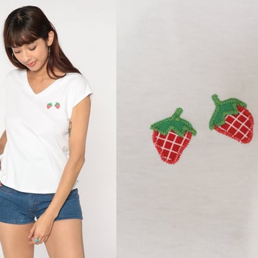 Strawberry Shirt 80s White V Neck Fruit T-Shirt Cap Sleeve Retro TShirt Boho Kawaii Cute Girly Graphic Tee Hippie Top Vintage 1980s Large L 