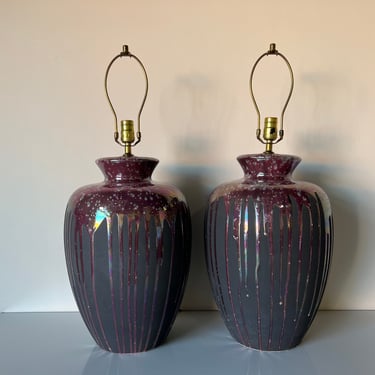 Pair of Vintage Art Drip Glaze Pottery Table Lamps by Harris 