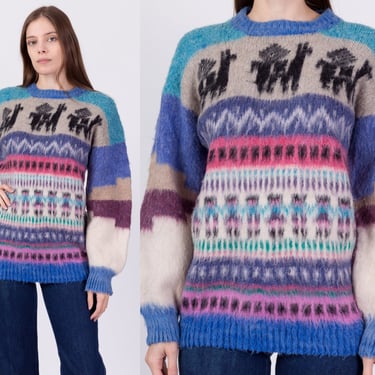 Vintage Alpaca Shaggy Knit Sweater - Men's Medium, Women's Large | Boho Striped Peruvian Wool Pullover Jumper 