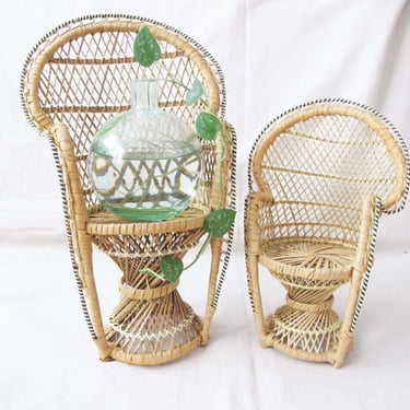 Mini Rattan Peacock Chairs Lot of 2 - Woven Bohemian Plant Holder Riser - Boho Home Decor Gifts For Plant Lover 