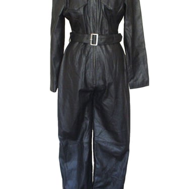 Black Leather Jumpsuit, Vintage Boma Custom, Large Women, Zip Up, Belted 