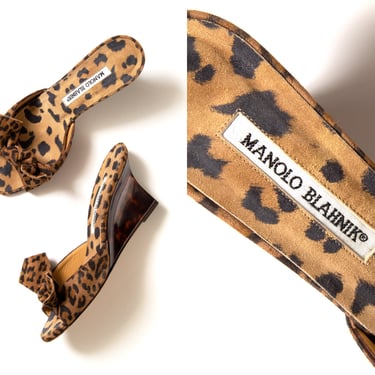 Vintage Y2K Shoes | 2000s MANOLO BLAHNIK Suede Leopard Animal Print Tortoiseshell Wedge Slide Mule High Heels (size US 5.5) 