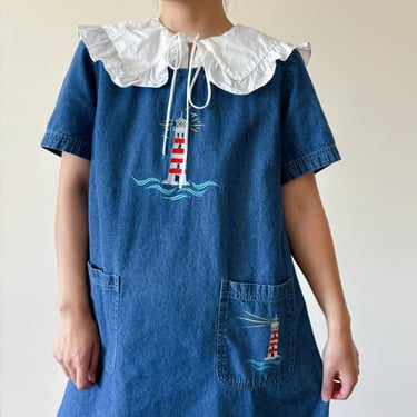 vintage denim dress overall dress pinafore dress midi dress apron dress blue capsule wardrobe embroidered lighthouse 90s style size M 