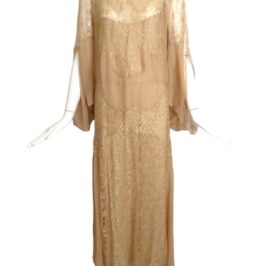 c.1930 Beige Lace &amp; Chiffon Dress, Size-14