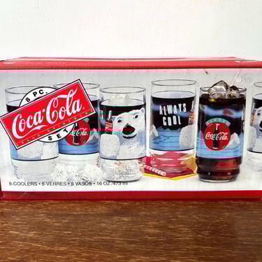 Vintage 1995 Coca-Cola 8 Piece Coolers Glass Tumblers | Indiana Glass | Retro Coke Polar Bear | Soda Advertising | Unopened Original Box Set 