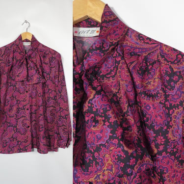 Vintage 80s Plus Size Purple Paisley Jabot Ruffle Tie Collar Secretary Blouse Made In USA Size XL 