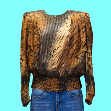 Vintage 1980s Silk Leopard Print and Metallic Gold Blouse by Adrianna Papell | Medium | 1 