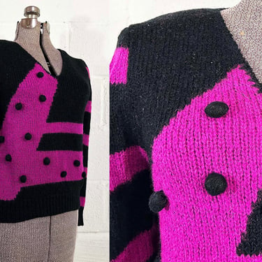 Vintage Pink Black Sweater Black V Neck Pullover Wool Blend Beetlejuice Vibes Absract Jumper 1980s 80s Small Medium 