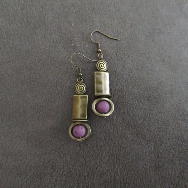 Industrial earrings, purple lava rock and bronze minimalist earrings, mid century modern earrings, unique Art Deco earrings, geometric 