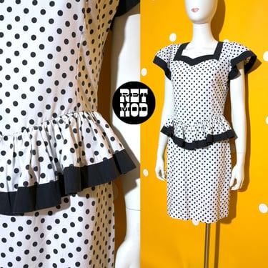 Sassy Vintage 80s 90s Black White Polka Dot Peplum Dress 