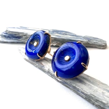 Vintage Carved Lapis Lazuli and 14K Gold Stud Earrings