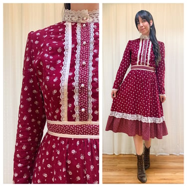 70s maroon floral long sleeve prairie dress 