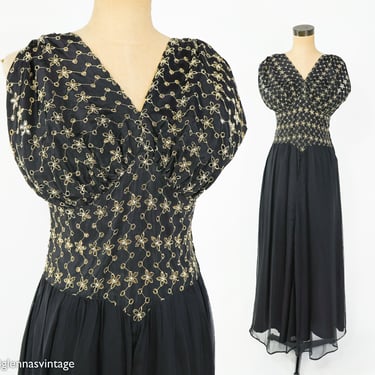 1940s Black Evening Dress | 40s Black Embroidery Top Gown | Old Hollywood | Medium 