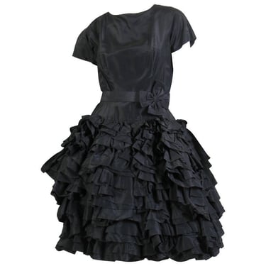1950S PAULA WHITNEY Black Haute Couture Silk Taffeta Amazing Ruffled Poof Ball Skirt Cocktail Dress 