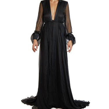 2000S SAINT LAURENT Black Silk Chiffon Tuxedo Lapel Trained Gown With Sleeves & Pants 