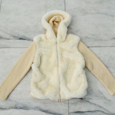 Vintage Kasper Faux Fur Cream Hooded Jacket Cozy Ski Full Zip Womens Medium 