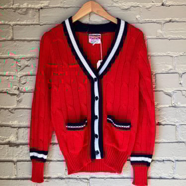Small, Vintage 1970s 1980s Cherry Stix Red Cardigan Sweater, Knit 