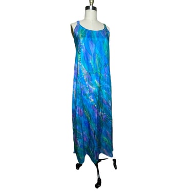 Evolve Love Hand Painted Silk Floor Length Turquoise Blue Purple Tie Dye Dress, Size Small 
