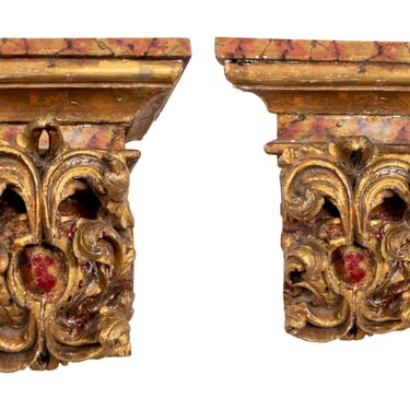 Pair of Faux Marble and Giltwood Wall Brackets