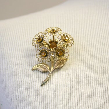 1960s Orange Rhinestone Flower Brooch 