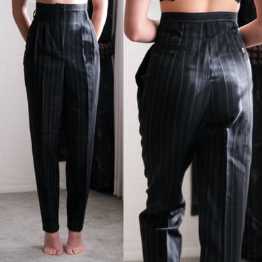 Vintage 80s MATSUDA Black & Dark Green Textured Stripe Gabardine High Waisted Tapered Pants | Made in Japan | 1980s Japanese Designer Pants 