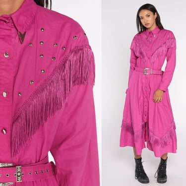 Fringe Western Dress Fuchsia Pink Dress 80s 90s Maxi Rodeo Cowgirl Dress Studded Button Up Dress Square Dance Long Sleeve Vintage Medium 