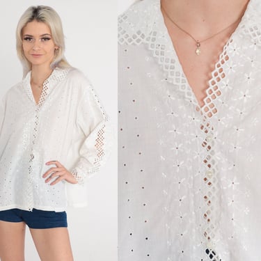 White Cutout Blouse 80s Floral Embroidered Eyelet Top Long Sleeve Button up Shirt Cutwork Cut Out Boho Sheer Vintage 1980s Extra Large xl 
