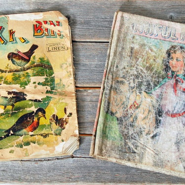 Two antique linen story books /  1800s fabric children's books / pair of vintage linen child's books / collectable books 