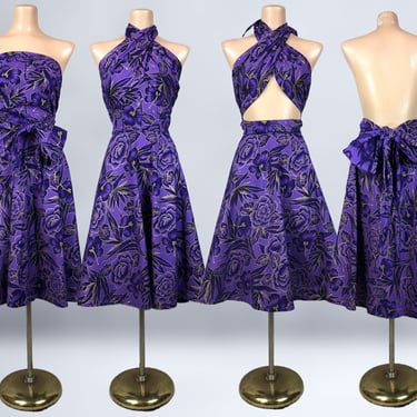 VINTAGE 50s Convertible Bodice Purple Hawaiian Floral Full Sweep Dress | 1950s Aloha Tiki Print Pin-up Midriff Dress | vfg 