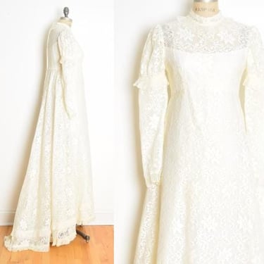 vintage 60s wedding dress cream crochet lace regency juliet gown puff sleeve S clothing 