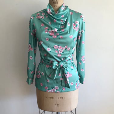 Green and Pink Floral Print Blouse with Cowl Neck and Waist Tie - 1970s 