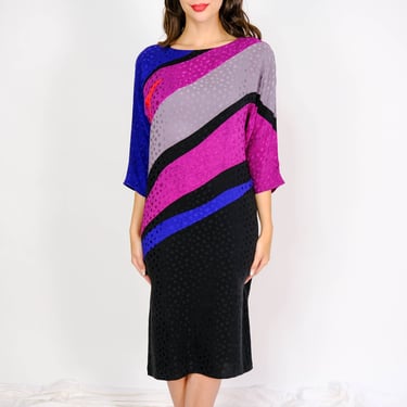 Vintage 80s Flora Kung Avant Garde Pop Art Stripe & Animal Print Jacquard Silk Dress | 100% Silk | 1980s Designer Street Boho Silk Dress 