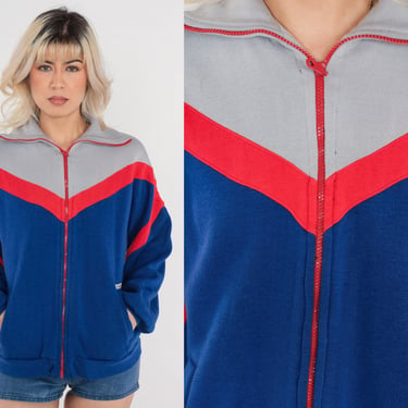 Retro Track Jacket 80s Blue Zip Up Sweatshirt Chevron Striped Tennis Jacket 1980s Sport Sweatshirt Vintage Tracksuit Warmup Grey Red Medium 