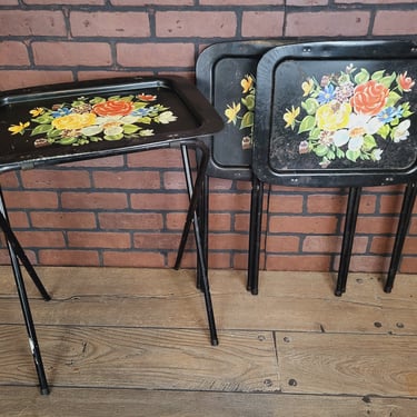 Set of 3 Black Flower TV Trays 