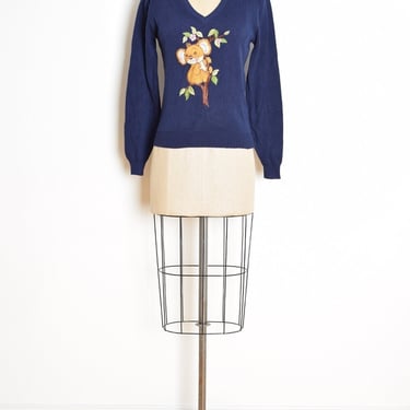 vintage 70s sweater navy blue embroidered KOALA BEAR jumper top shirt S/M V neck clothing 