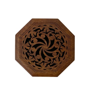 Small Brown Wood Octagonal Carving Storage Accent Box ws2647E 