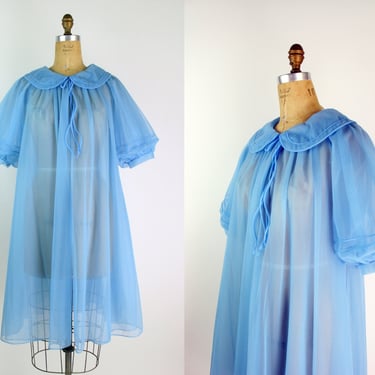 50s Sheer Blue Robe / Vintage Lingerie / Blue Nightgown / Peter Pan Collar / One size 
