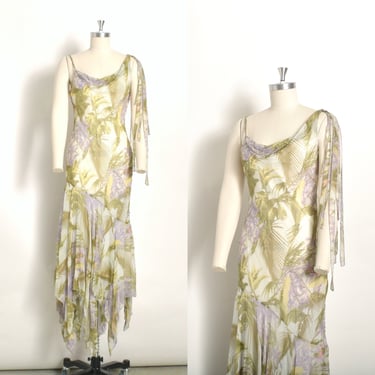 Vintage 2000s Dress / Y2K Diane Freis Botanical Print Gown / Green Purple ( XS S M ) 