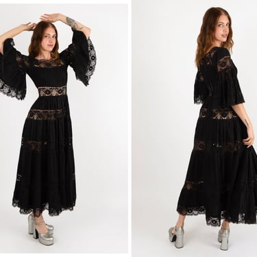 Vintage 1970s 70s Jet Black Cotton Pin Tucked Crochet Mexican Gown Full Length Dress w/ Flared Sleeves, Empire Waistline 